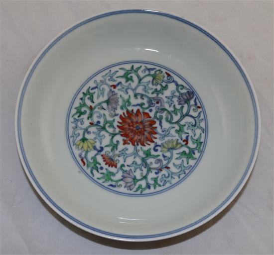 A Chinese doucai lotus dish, bearing a Qianlong seal mark, 21cm